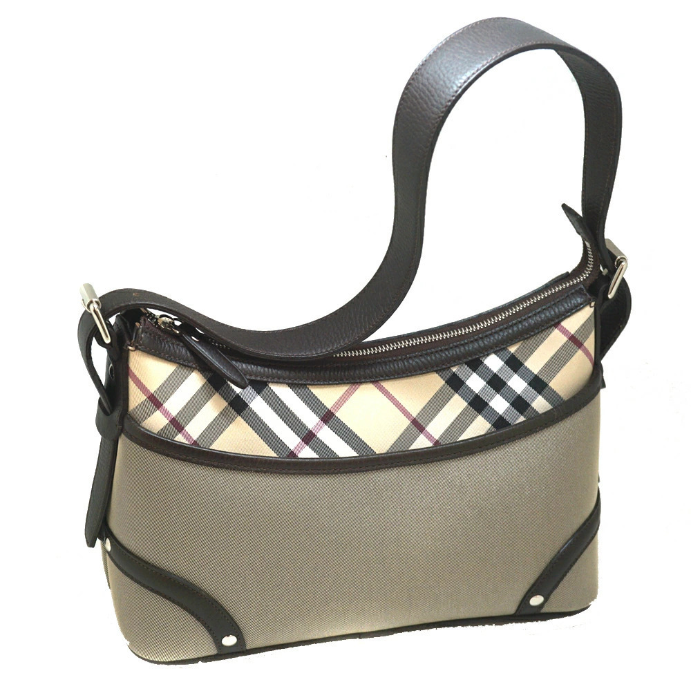 BURBERRY handbag One Shoulder Hobo leather canvas check gray brown tones bag